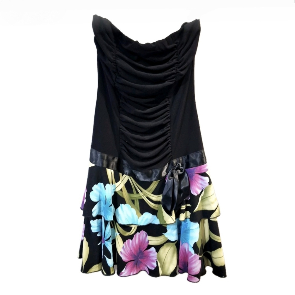 Vintage Y2K XOXO Black Strapless Ruched Mini Party Dress Floral Satin Bow Medium